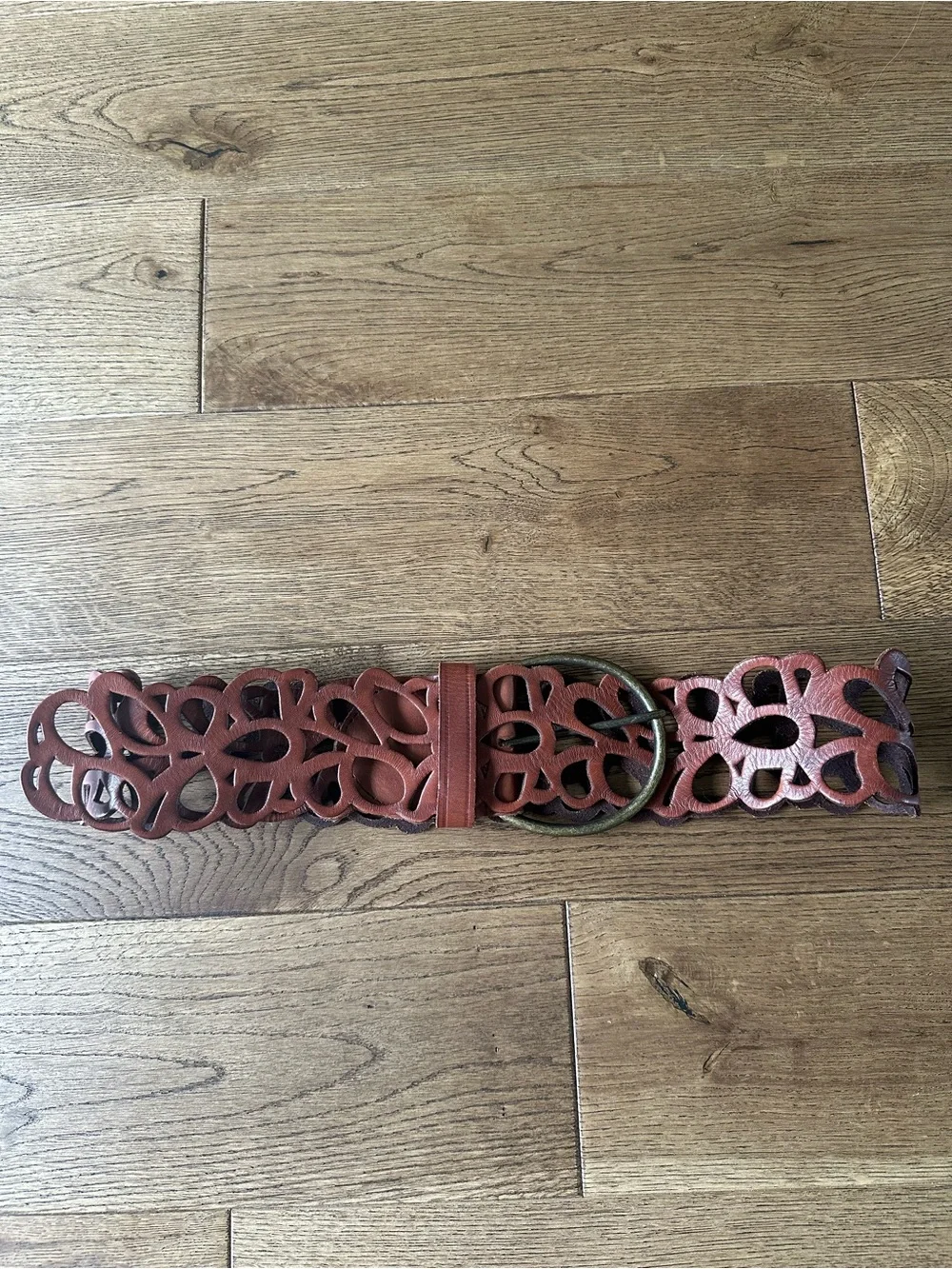 New Garnet Hill Laser Cut Leather Wide Belt Brass Finish Buckle Sz 34